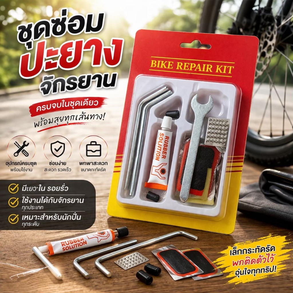 พร้อมส่ง ชุดปะยางจักรยาน (ชุดพกพา) – อุปกรณ์ครบ กาวแน่น แผ่นปะเหนียว!