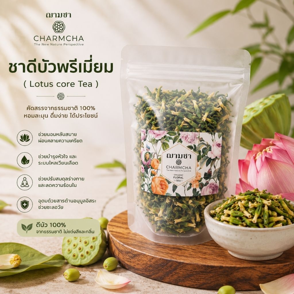 ชาดีบัวพรีเมียม (Lotus core Tea) เกรดคัดทุกเม็ด ลดอาการนอนไม่หลับ ความดันโลหิต ขยายเส้นเลือดหัวใจ ชาดอกไม้Charmcha ฌามชา