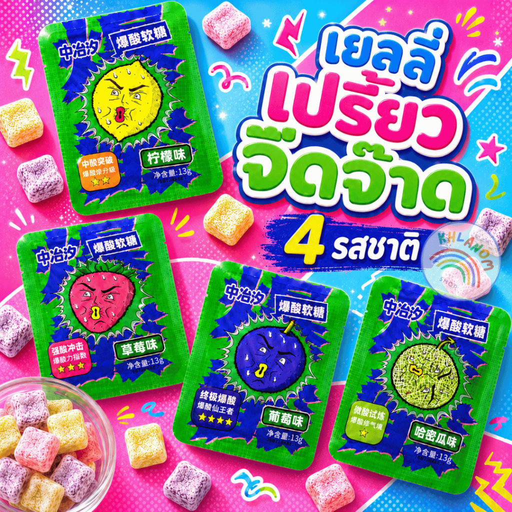 เยลลี่จี๊ดจ๊าด  เยลลี่เปรี้ยว  1 ซอง 13 กรัม เยลลี่ลูกเต๋า รสผลไม้รวม ขนมแก้ง่วง เปรี้ยวอร่อย กินเพลิน