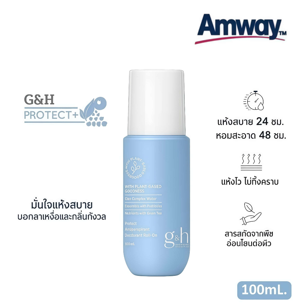 แอมเวย์ Amway G&H โพรเทค โรลออน 100ml ระงับกลิ่นกาย ลดเหงื่อ ใต้วงแขนกระจ่างใส แห้งเร็ว หอมติดทน