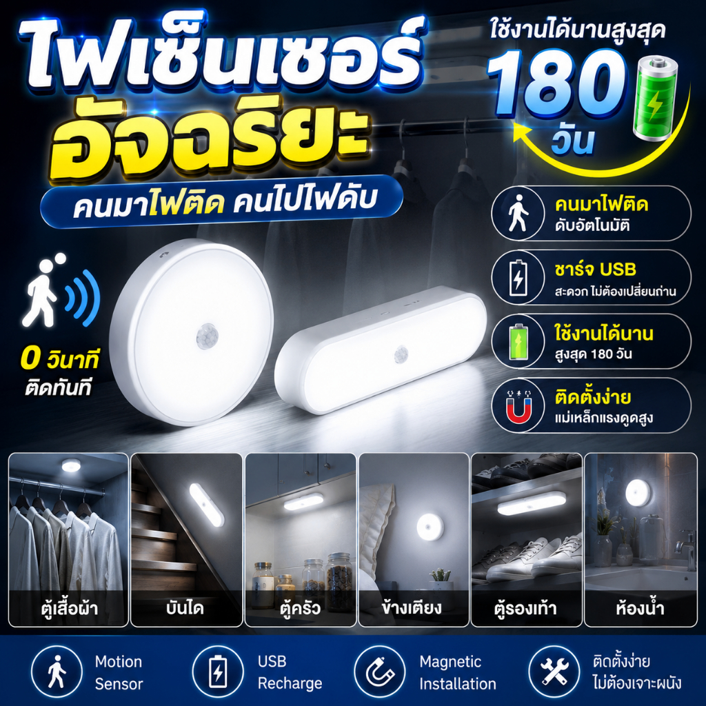Joy ไฟเซ็นเซอร์ LED อัจฉริยะ เปิด-ปิดอัตโนมัติ ชาร์จ USB แสงนุ่ม ประหยัดไฟ เหมาะสำหรับตู้เสื้อผ้า ห้องนอน และบันได
