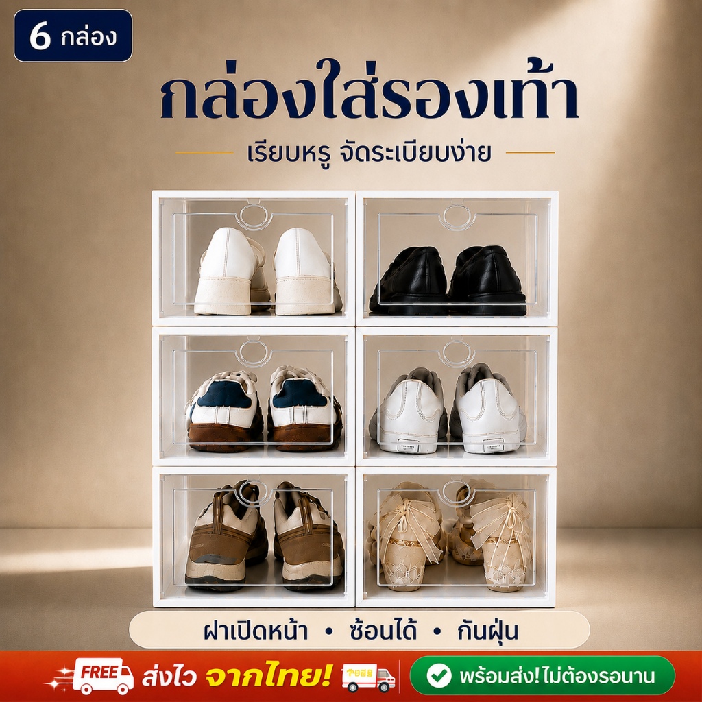 กล่องรองเท้า กล่องเก็บรองเท้า แบบใส กันฝุ่น วางซ้อนได้ เหมาะกับบ้านและคอนโด SET 12 กล่อง