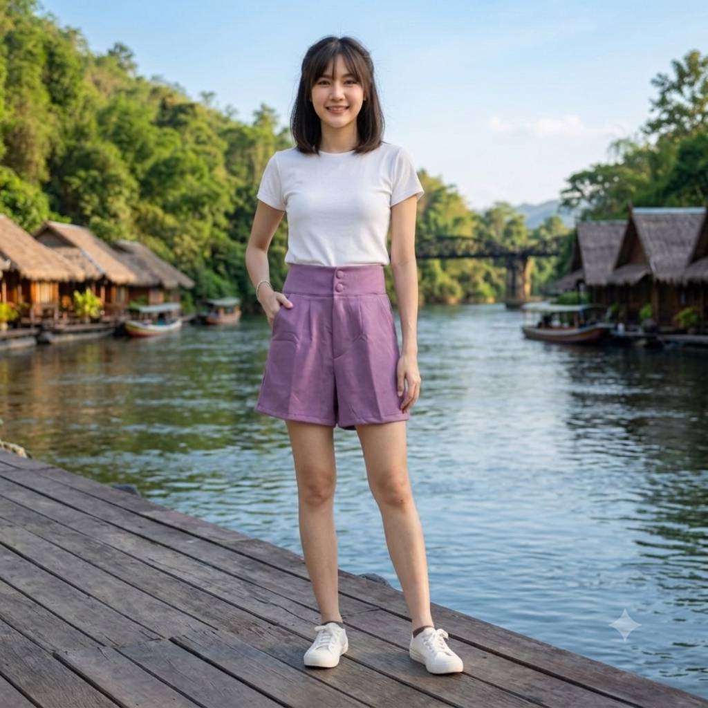 กางเกงขาสั้นผู้หญิง กระดุมคู่เอวสูง (ผ้าฮานาโกะ) สวยใส่สบาย(S-5XL)