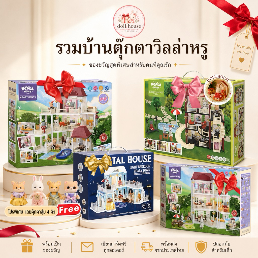Doll.house แถมฟรี ตุ๊กตา🎁🐰 ครบชุดบ้านตุ๊กตาวิลล่า 5แบบ พร้อมครอบครัวและเฟอร์นิเจอร์ครบชุด 💖🎁แถมฟรีตุ๊กตา 4ตัว
