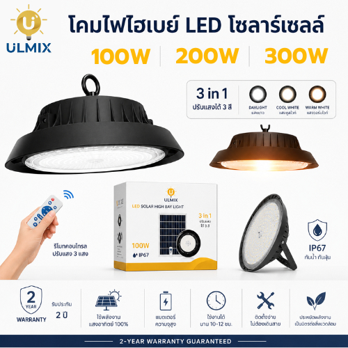 โคมไฮเบย์LEDโซล่าเซลล์ 100 200 300W รีโมลคอนโทรลปรับแสงได้ 3 ระดับขาวคูลส้มไล่แมลงสำหรับพื้นที่กว้าง