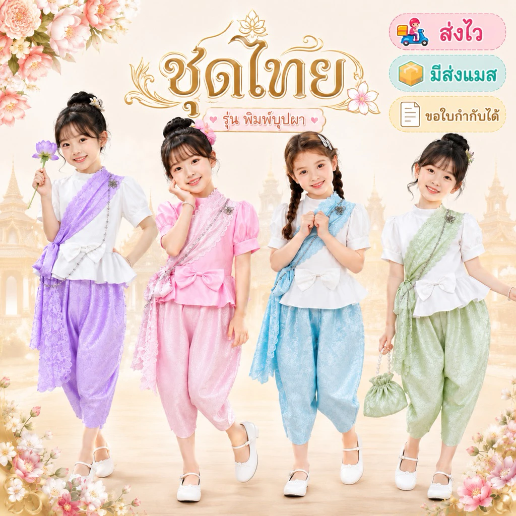 💥มีส่งแมส จาก กทม💥ชุดไทยเด็ก รุ่นพิมพ์บุปผา 1044 ฟรีสังวาลย์ และ เข็มกลัด ชุดไทย ชุดวันภาษาไทย
