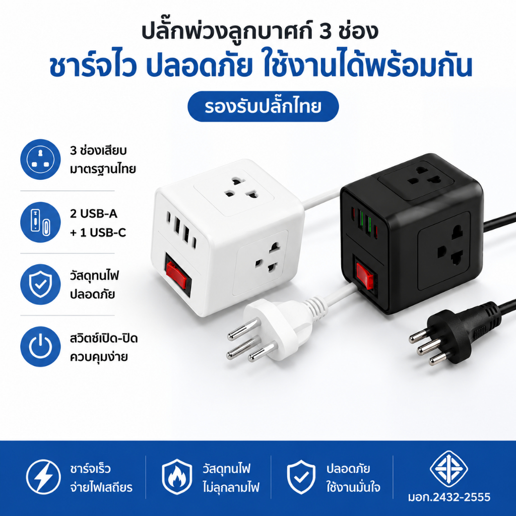 JFKDX ปลั๊กพ่วง 7 ช่อง 2300W สายยาว 2M พร้อม USB 2 Type-C 2 ชาร์จเร็ว ปลอดภัย