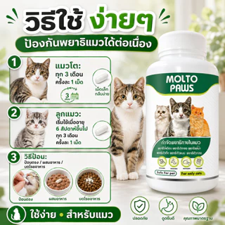 MOLTO PAWS ถ่ายพยาธิแมว ครบทุกชนิด ลูกแมว แมวโต ทุกสายพันธุ์ กินง่าย ทุก 3 เดือน ปลอดภัย 10 เม็ด