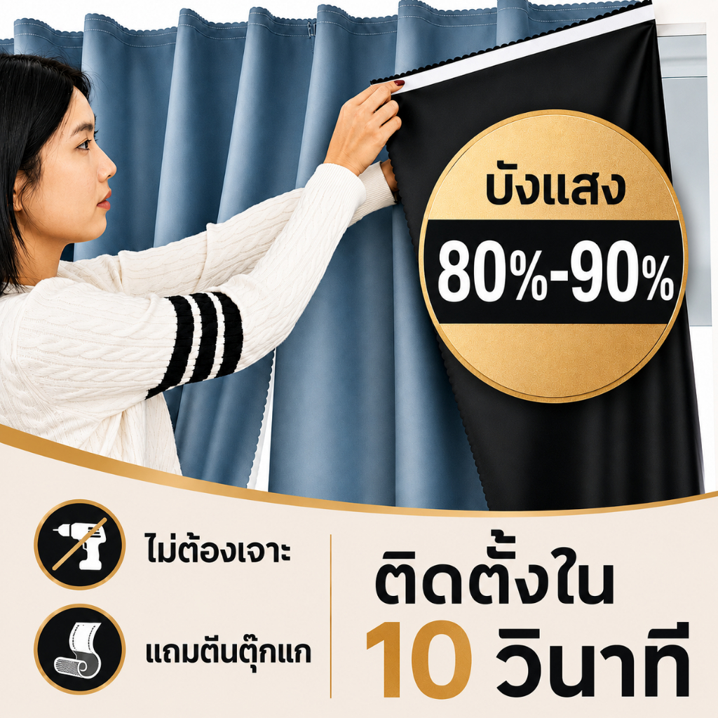 ผ้าม่านตีนตุ๊กแกเวลโคร สไตล์มินิมอล ไม่ต้องเจาะผนัง มีกาวในตัว ติดตั้งง่าย กันแสง UV80%-90% กันความร้อน