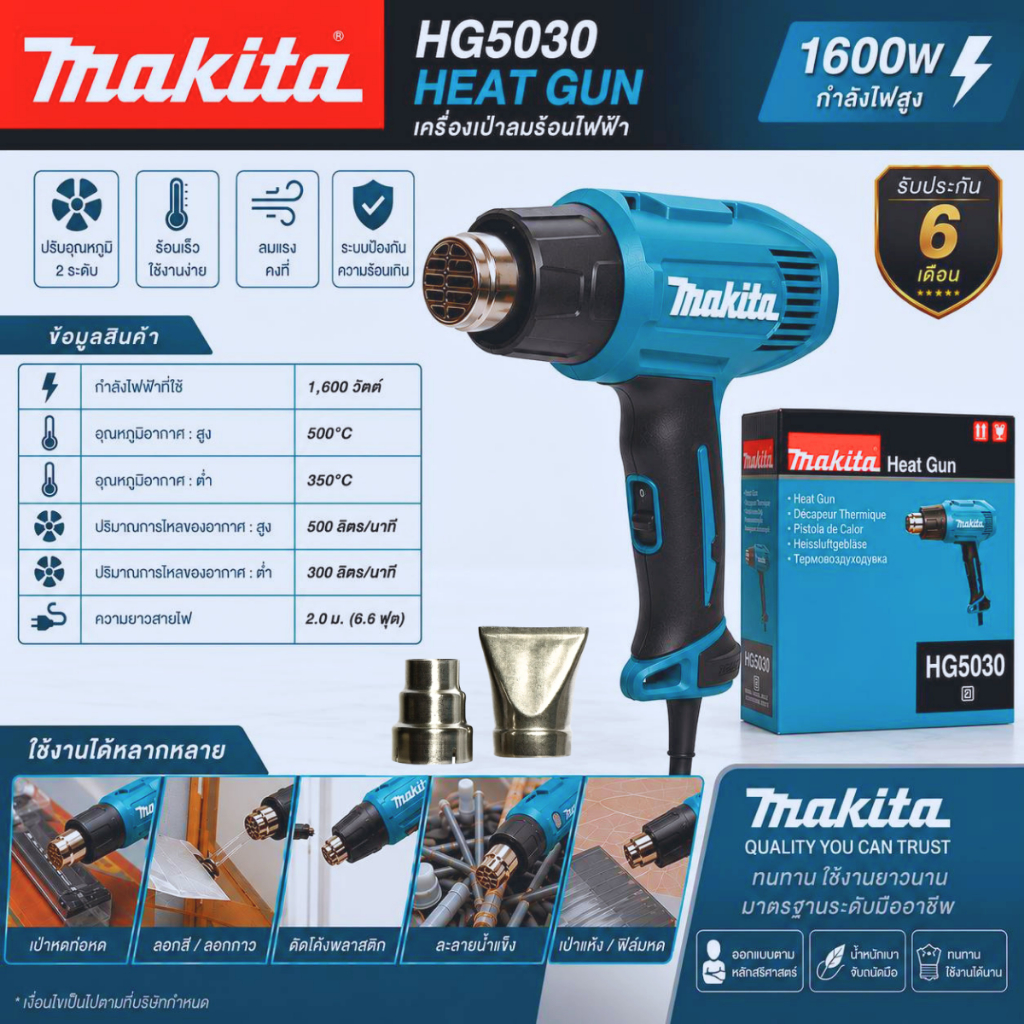 Makita HG5030 เครื่องเป่าลมร้อนไฟฟ้า กำลังไฟ 1,600 วัตต์