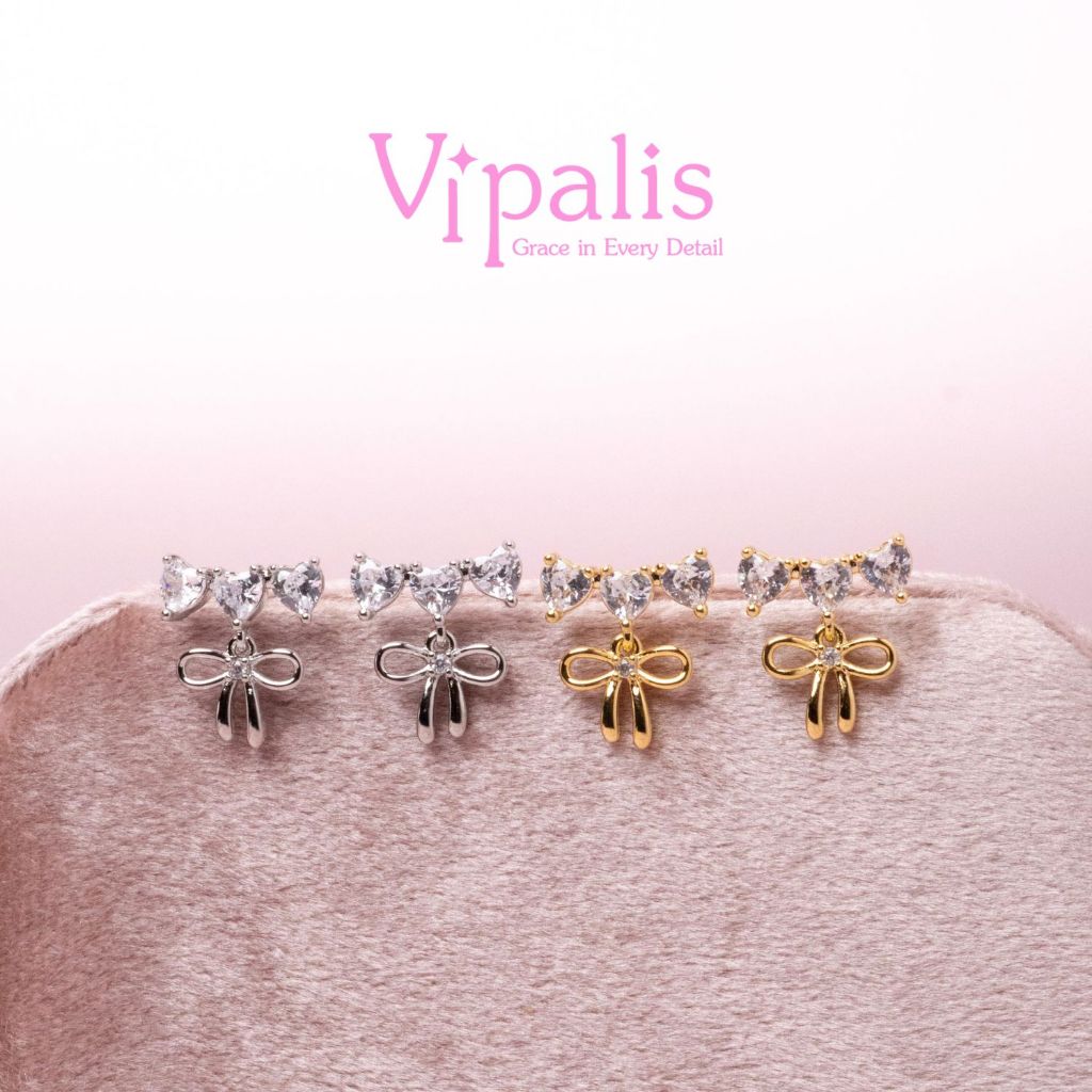 Vipalis | Bella Bow Crystal Drop Earrings | Silver 925 Posts ต่างหูโบว์ เพทายหัวใจ