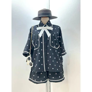 (ส่งด่วน) Polka dot Set.....งานเซต 2 ชิ้นสุดน่ารัก เสื้อเชิ้ตแขนสั้นกุ๊นตัดสี แมทกับขาสั้นลายจุด Bigsize อก 40-54“ (PL)