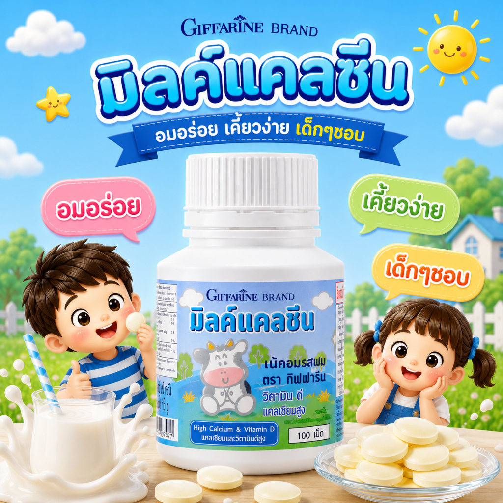 แคลซีนกิฟฟารีน ( รสนม ) แคลซีน เเคลเซียมเด็ก ผลิตภัณฑ์เม็ดเคี้ยว อาหารเสริมเด็ก