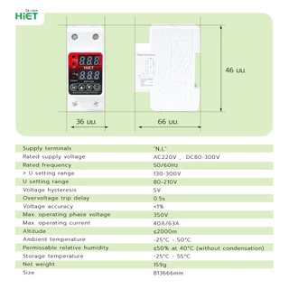 HIET อุปกรณ์ป้องกันไฟเกิน ไฟตก 40A/63A 220V จอแสดงค่าแม่นยำ รีเซ็ตอัตโนมัติ ป้องกันเครื่องใช้ไฟฟ้าเสียหาย