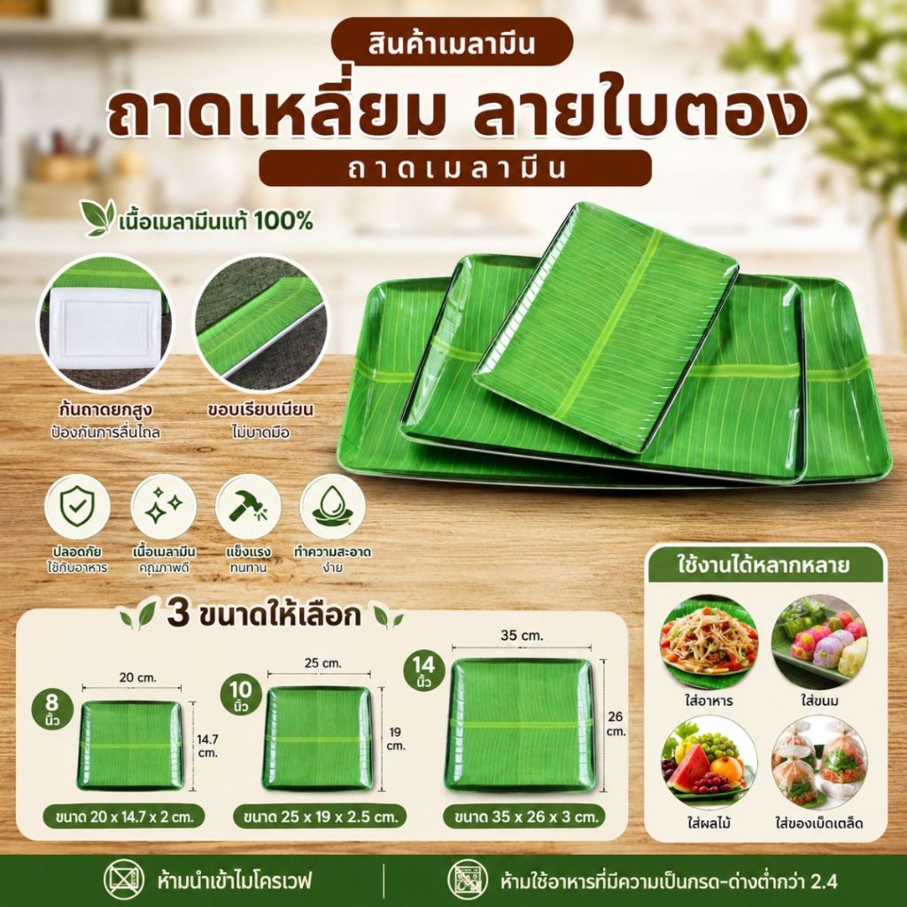 ถาด ลายใบกล้วย เมลามีน (ขนาด 8-10-14 นิ้ว) ถาดใบตอง ถาดสี่เหลี่ยมลายใบกล้วย (1 ชิ้น )