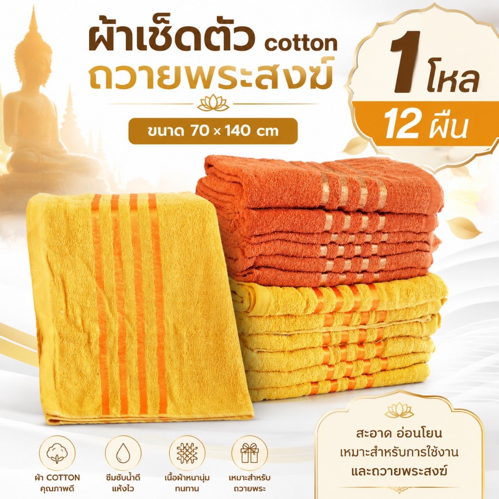 ผ้าเช็ดตัว COTTON ถวายพระ 140x70 [ยกโหล 12 ผืน]