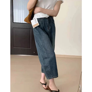 GHAOHESกางเกงยีนส์ฮาร์เลนสูงเอวผ้านุ่ม ทรงหลวม สำหรับสาวส่วนสูงเล็ก ขาสั้น 8 ส่วน #V126