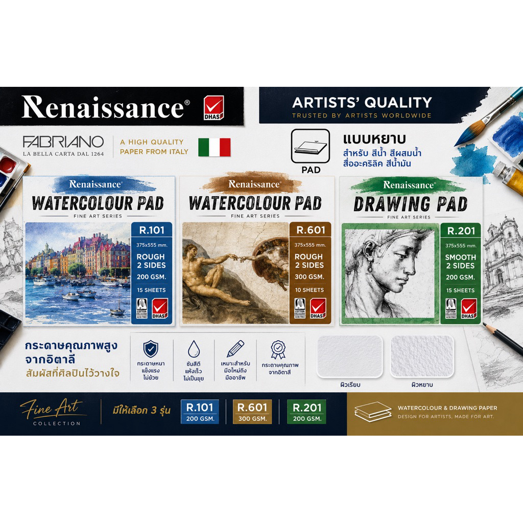 Renaissance สมุดวาดเขียน วาด ภาพ รูป สเกต แบบเรียบ แบบหยาบ ปกเขียว ปกฟ้า ปกทอง A2 A3 A4 A5 A6