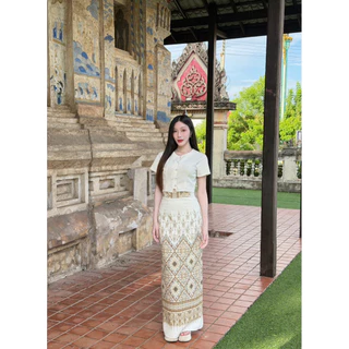 TANTANOD-รหัสTL21 ชุดเซต เสื้อกระดุมไข่มุกตัวปลา กระโปรงทรงสอบ ผ่าหลัง(ผ้าฝ้ายพิมพ์ลาย)(อัดกาว)