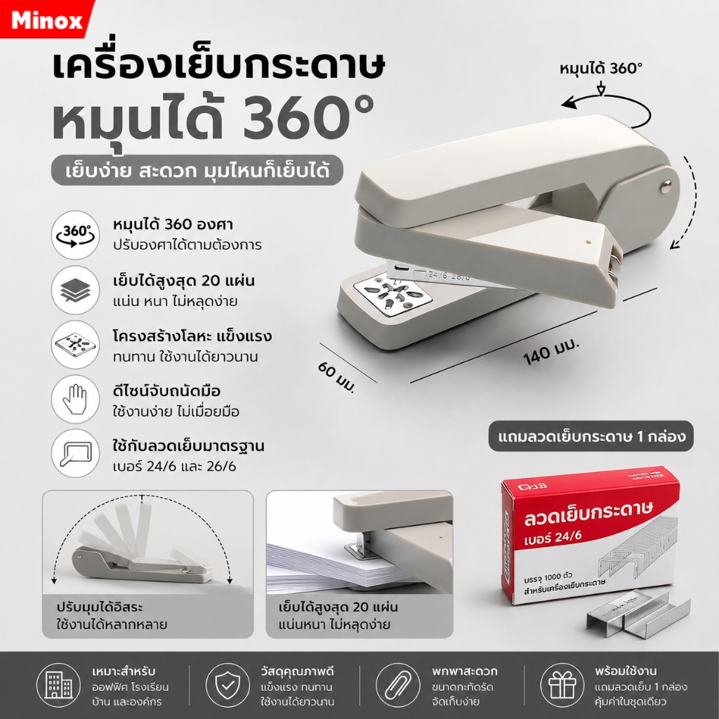 เครื่องเย็บกระดาษหมุนได้ หมุนได้ 360 องศา เย็บหน้ากลางหรืองานเข้าเล่มก็สะดวกสบายมากขึ้น