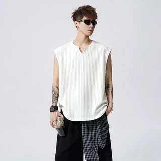 💥BecoolMan💥เสื้อยืดฤดูร้อน ผ้าลายริ้ว คอวี รุ่นบาง แขนกุด เย็น ระบายอากาศได้ดี หลวมสบาย รุ่นสำหรับทั้งชายและหญิง