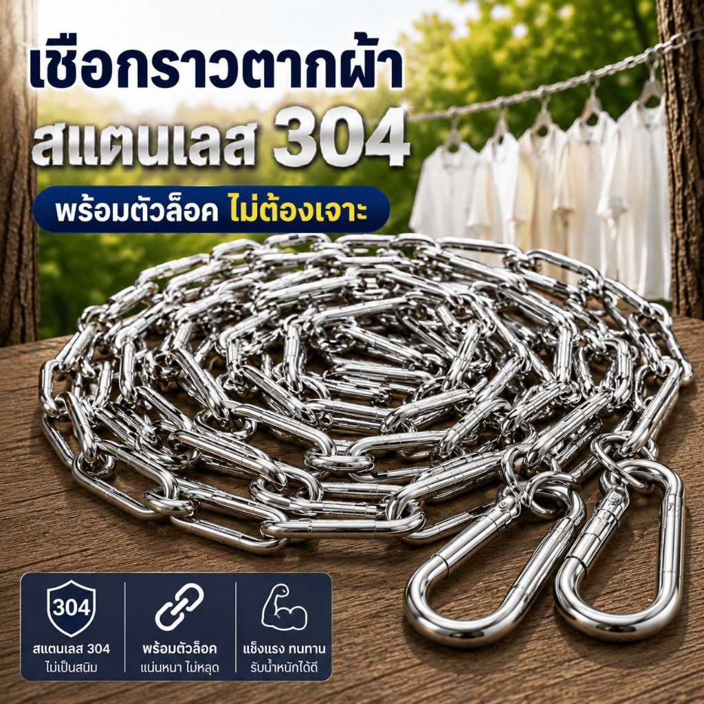เชือกตากผ้าสแตนเลส304ราวตากผ้าพร้อมตัวล็อค ไม่ต้องเจาะ กันสนิม แข็งแรง ทนแดดทนฝน ใช้ในบ้านและกลางแจ้ง 3เมตร+ตัวล็อค2 ชิ้