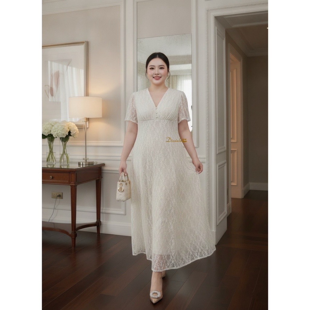 Dz370-Elysian Lace MaxiDress'เดรสยาวลูกไม้สีครีมสวยหรูใส่อ รูปที่ 3
