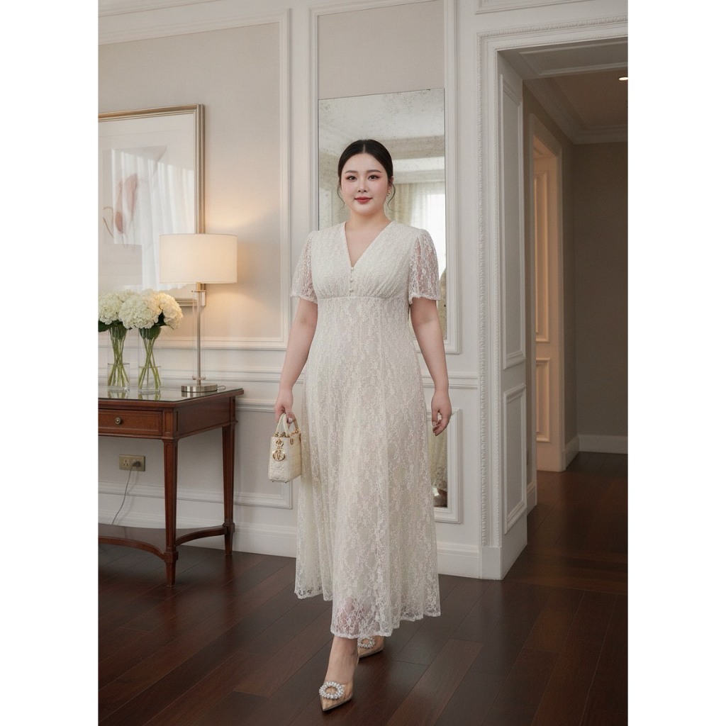 Dz370-Elysian Lace MaxiDress'เดรสยาวลูกไม้สีครีมสวยหรูใส่อ