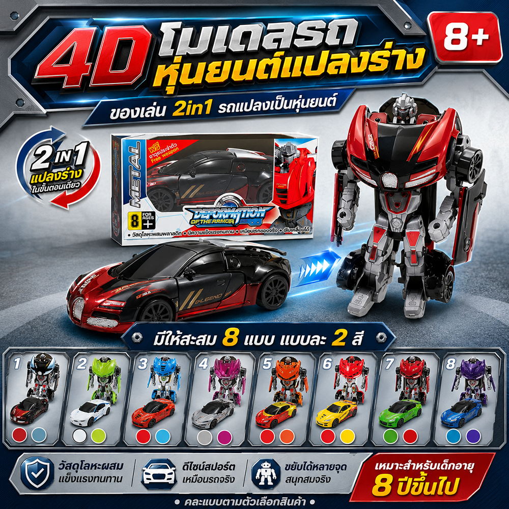 ของเล่นรถหุ่นยนต์แปลงร่าง 4D 2in1 โมเดลรถสปอร์ตแปลงเป็นหุ่นยนต์ ของเล่นสะสมเด็ก 8 ปีขึ้นไป เลือกได้ 8 แบบ