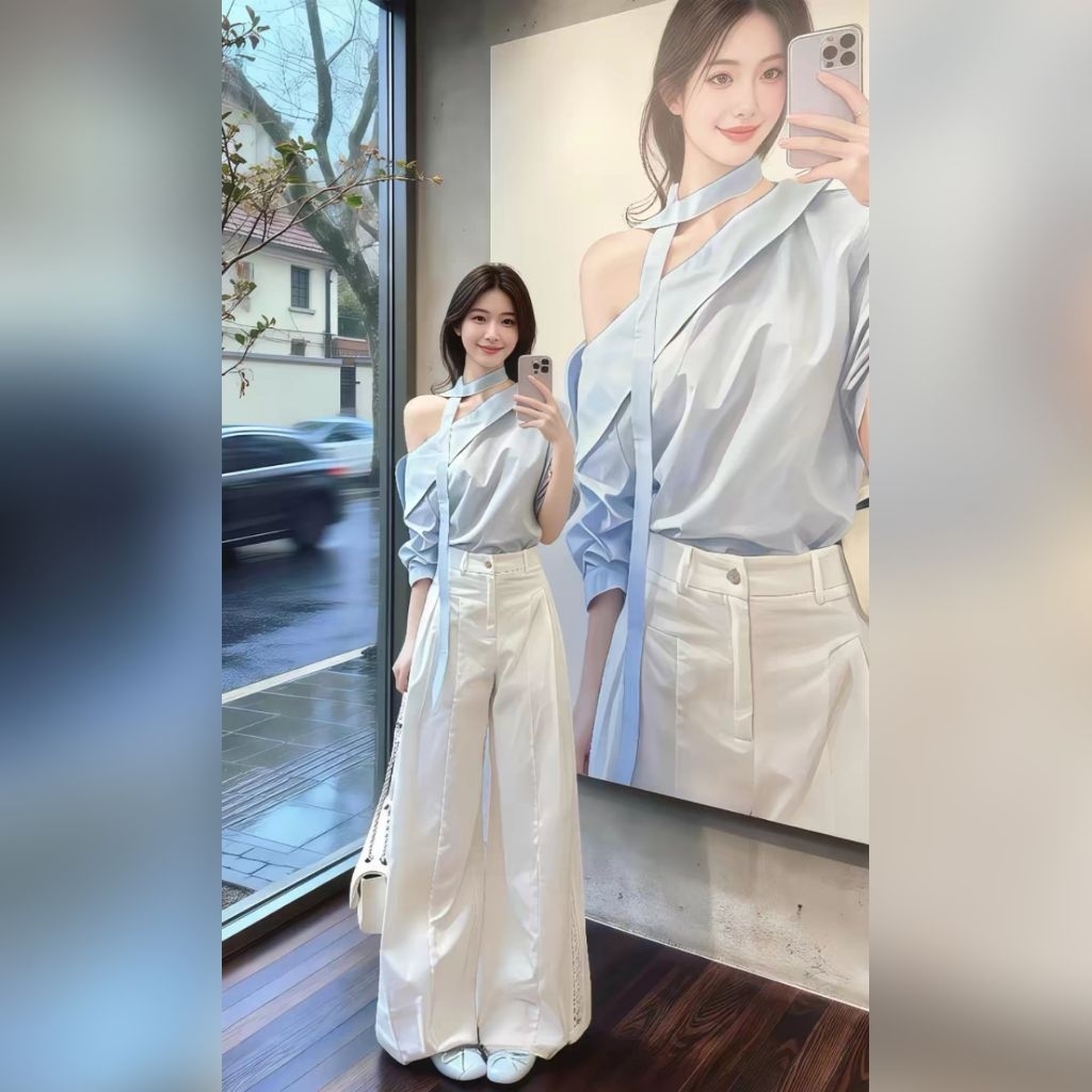 🌟​83ꔛ ꕤ ˚ชุดเซ็ตผู้หญิง อกใส่ถึง46" เสื้อเปิดไหล่ 1 ข้าง กางเกงเอวสมอคหลัง เจาะร้องแถบข้างเก๋มาก ผ้ามีน้ำหนักไม่บางเลยꔛ