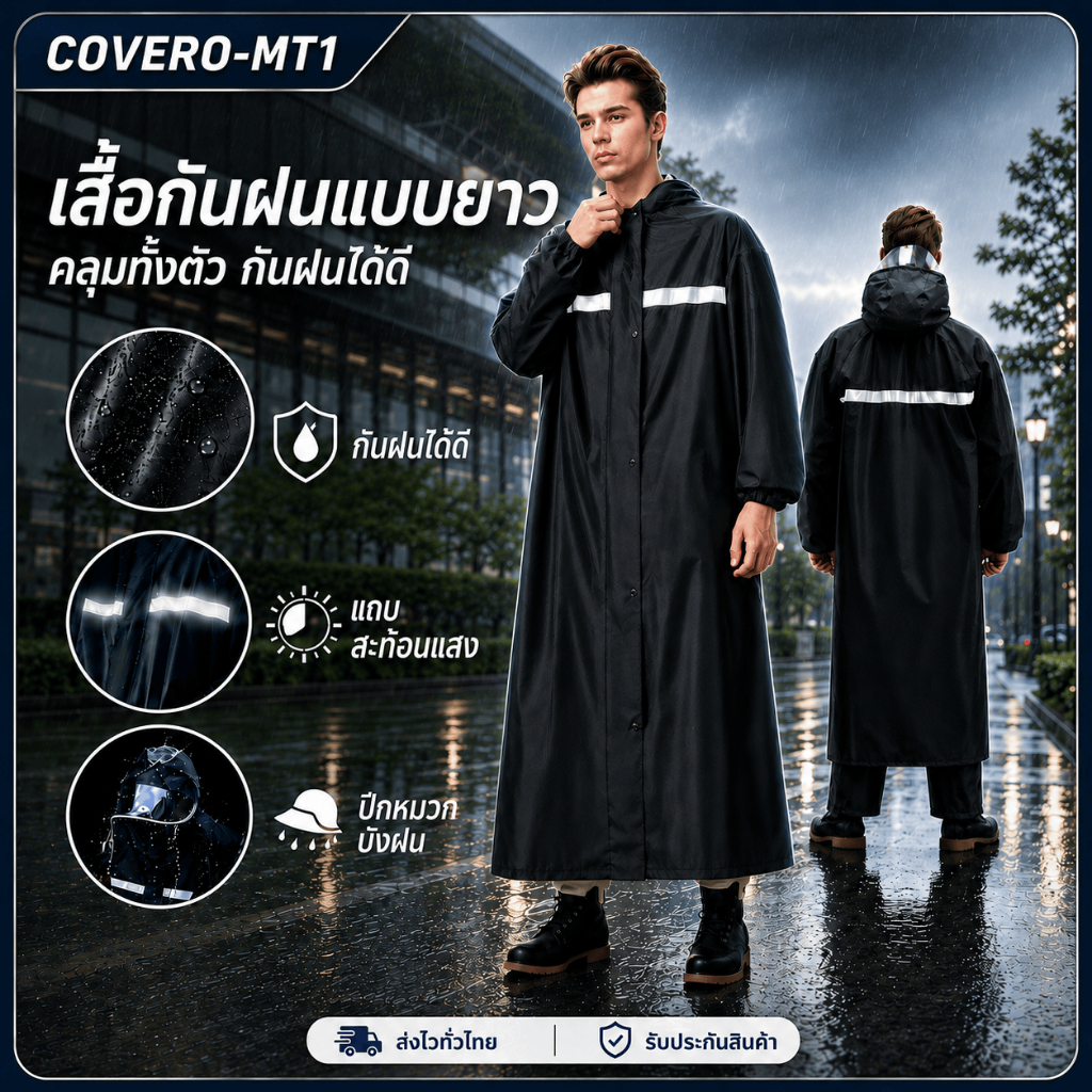 【พร้อมส่ง】เสื้อกันฝนมีฮู้ด ตัวเสื้อยาว มีแถบสะท้อนแสง เหมาะสำหรับใส่ขับรถจักรยานยนต์