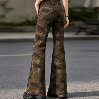 Aurae 👖🟤🌿กางเกงยีนส์ขาบานเอวสูงสายพรางวินเทจ ผ้าเรียบเนียนรัดรูป ยาวคลุมข้อเท้า