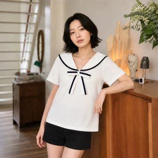 Glucoat | [A729] เสื้อแขนสั้นคอปกทหารเรือด้านหลังปัก glucoat พร้อมเข็มกลัดโบว์