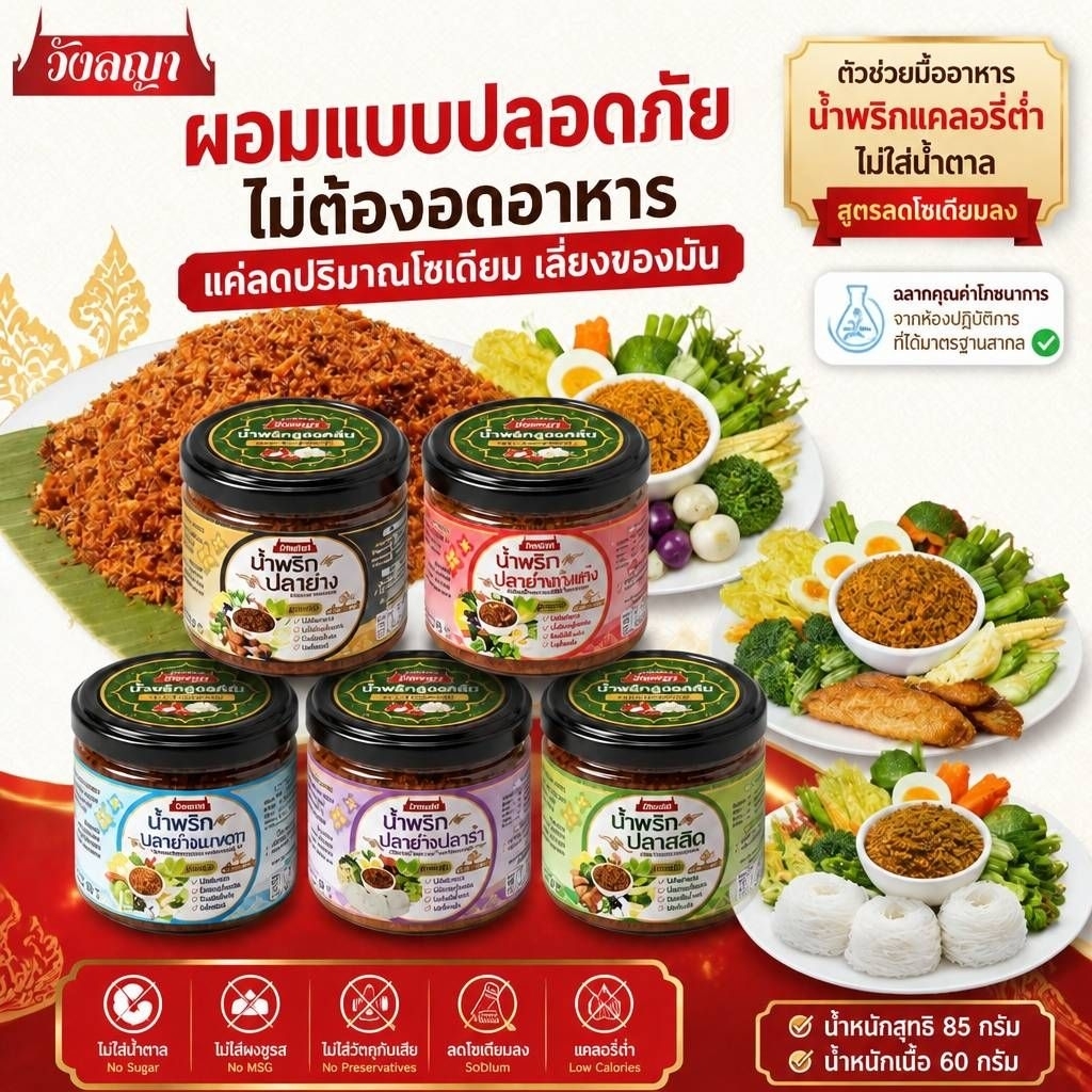 (น้ำหนักรวม 85g.) น้ำพริกสูตรคลีน พกพาสะดวก ทำสดใหม่ทุกวัน มีให้เลือก 5 รสชาติ ใช้วิธีการอบ ลดโซเดียมลง 80% แคลอรี่ต่ำ
