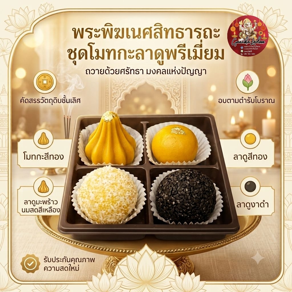 ลาดู โมทกะ ลาดูมะพร้าวเหลืองและลาดูงาดำ ขนาด30g รวมขนมไหว้พระพิฆเนศ