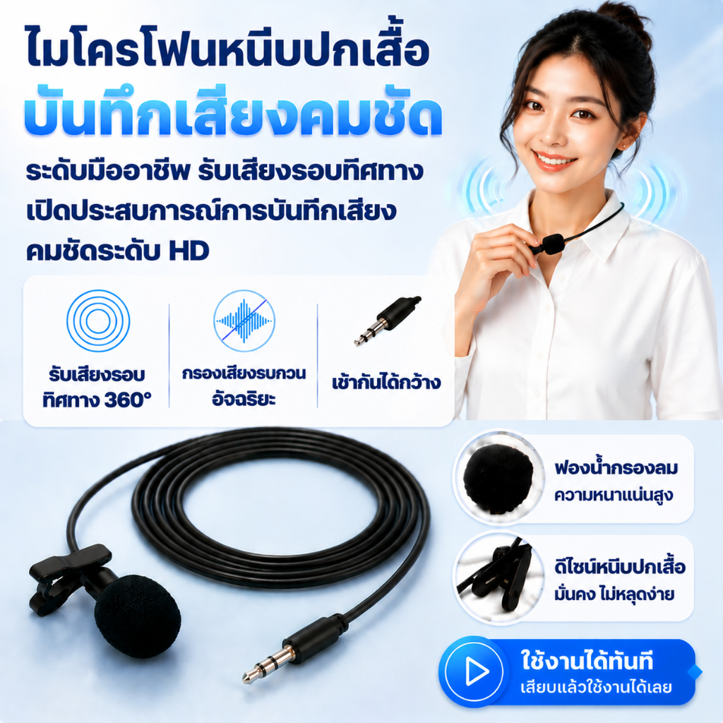 ไมโครโฟนหนีบปกเสื้อ ไมค์ไลฟ์สด เสียงชัด HD ตัดเสียงรบกวน 360° ใช้งานง่าย รองรับมือถือ กล้อง คอม Vlog ไลฟ์สด K724