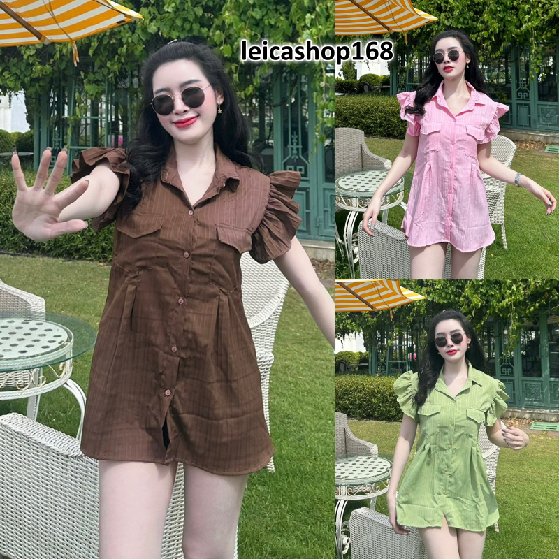 สินค้าพร้อมส่ง เสื้อทรงยาวผ้าด็อบบี้แขนระบายกระดุมหน้ากระเป๋าหน้าA1377