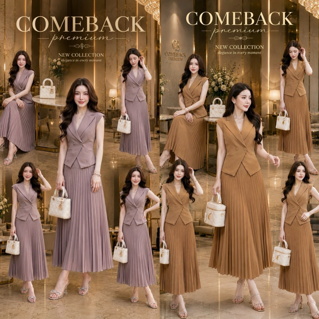 D8 งานป้าย Comeback Set ชุดเซ็ท 2 ชิ้น เสื้อสูทท กระโปรงยาวอัดพลีท สำหรับผู้หญิง เสื้อผ้าแฟชั่นผู้หญ