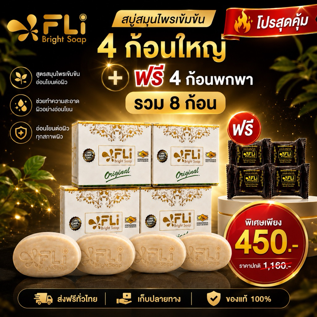 🔥 FLi Bright Soap สูตรสมุนไพรเข้มข้น X2 | ซื้อ 4 แถม 4 | รวม 8 ก้อน | ของแท้ 100%