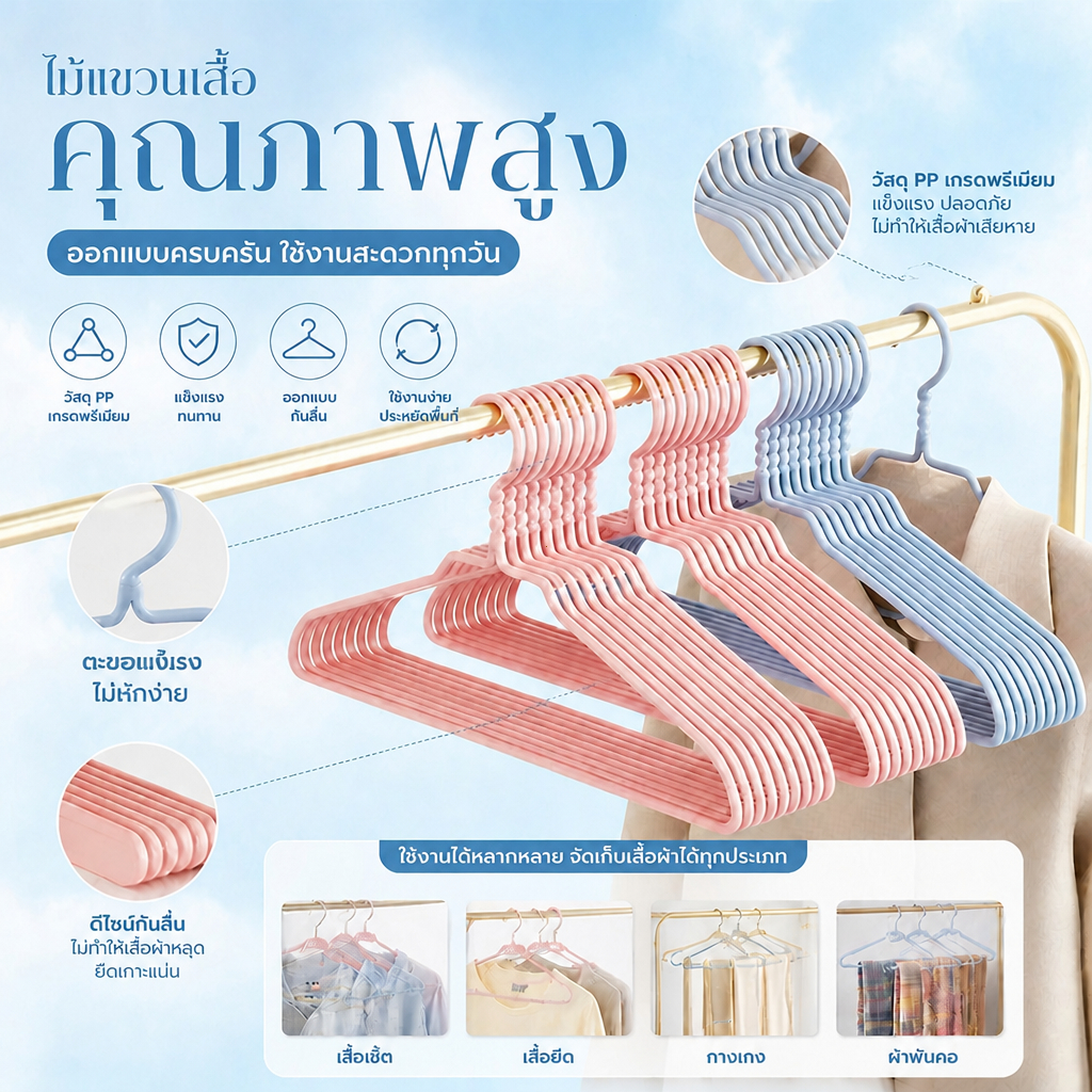 【ชุดที่แนะนำ: 40 ชิ้น】 ไม้แขวนเสื้อสแตนเลส ไม้แขวนเสื้อกันลื่น กันลื่นแบบหนา  โดนน้ำได้  ไม่เสียรูปทรงง่าย