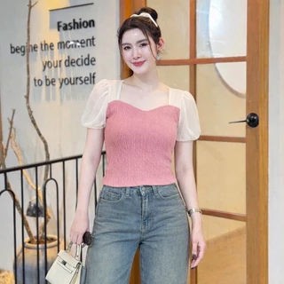 สินค้าพร้อมส่ง เสื้อแฟชั่นทรูโทน ผ้าเปลือกไม้ แขนตุ๊กตาแต่งผ้าชีฟอง ผ้ายืด ใส่สบาย ใส่แมท LG146