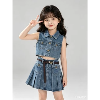 BB352 เซตเสื้อเวสต์คอปกผ้ายีนส์+กระโปรงพลีทเด็กผู้หญิง ผ้าคุณภาพนุ่ม ใส่สบาย อายุ 2-12 ปี