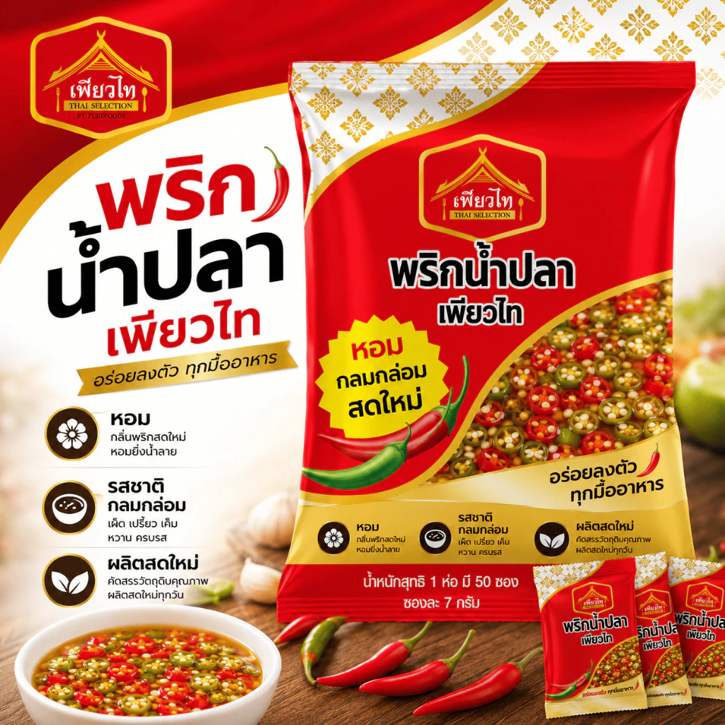 พริกน้ำปลา ขนาด 7กรัม (50ซอง/แพค) ตรา เพียวไท พริกน้ำปลาซอง น้ำปลาพริก น้ำปลาพริกซอง