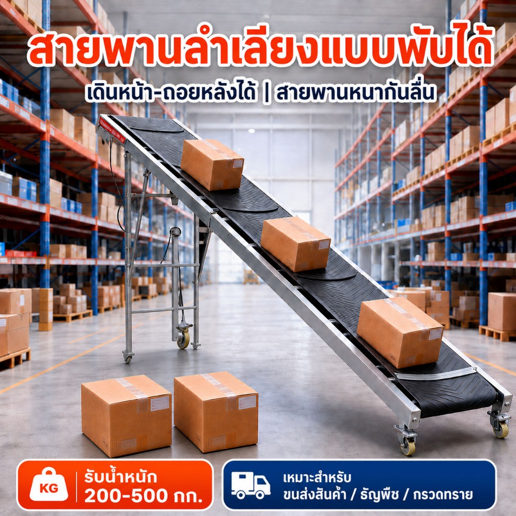 สายพานลำเลียงพับได้ 220V เครื่องลำเลียงขึ้นรถบรรทุก conveyor สายพานกันลื่น รับน้ำหนักได้สูงสุด 600kg