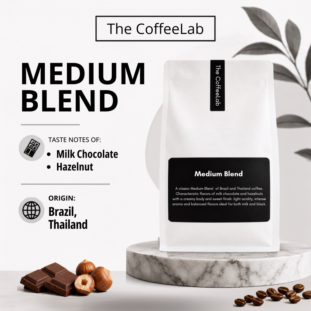 The CoffeeLab Medium Blend, Medium Blend Arabica 100% Premium กาแฟคั่วกลางสว่าง Espresso Moka Pot Coffee, Milk Chocolate