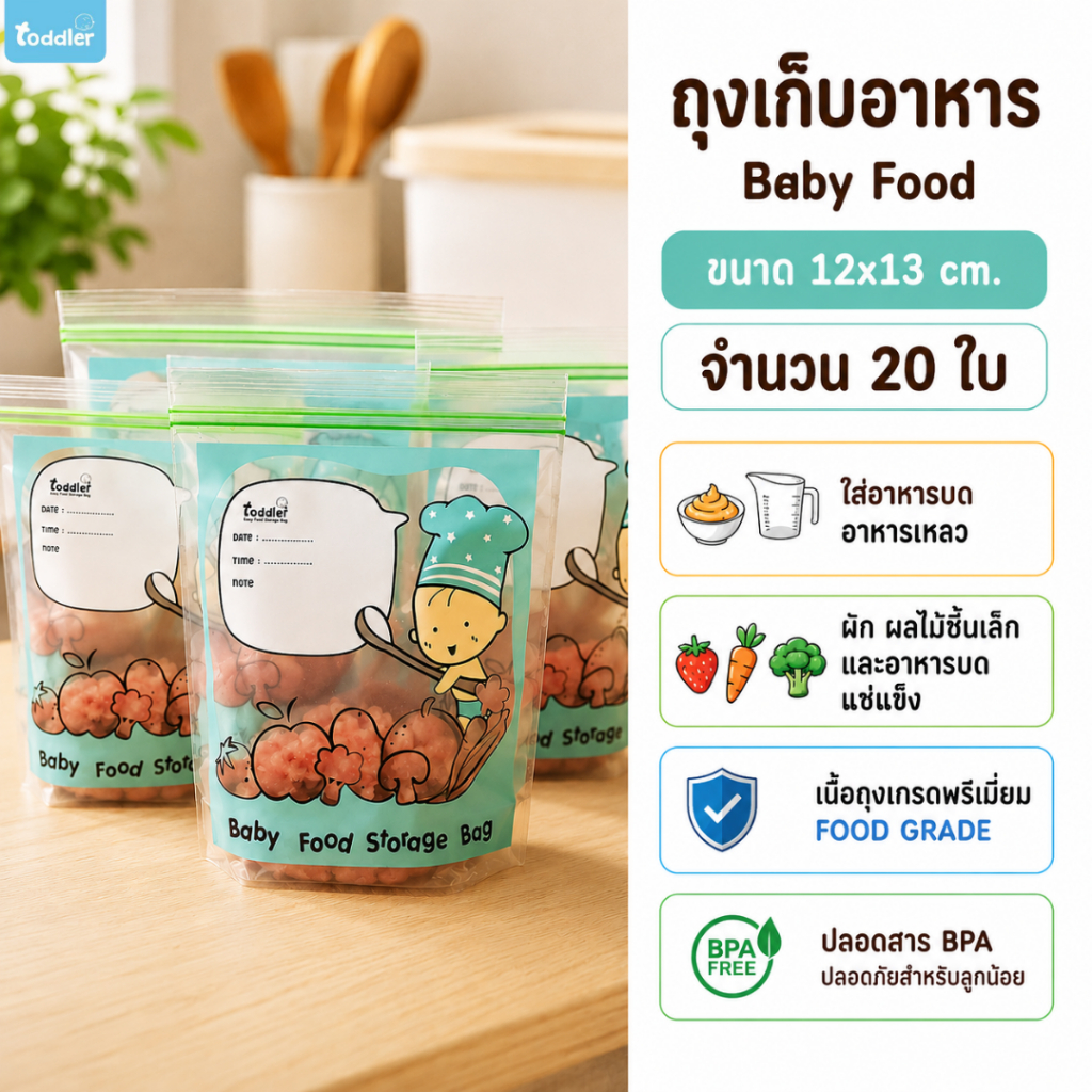 (ถุงใส่อาหารเด็ก) Toddlerfamily ถุงใส่อาหารบด ขนม แพคละ 20 ใบ