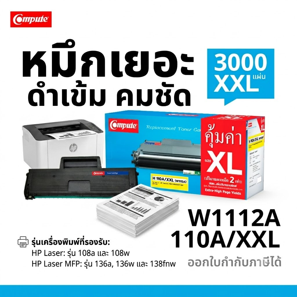 COMPUTE หมึกปริ้น​ Laser 108w 108a​ หมึก HP​ 110A 110XL​ W1112​A 1112A HP110A​ 3000แผ่น ดำชัด ประกัน