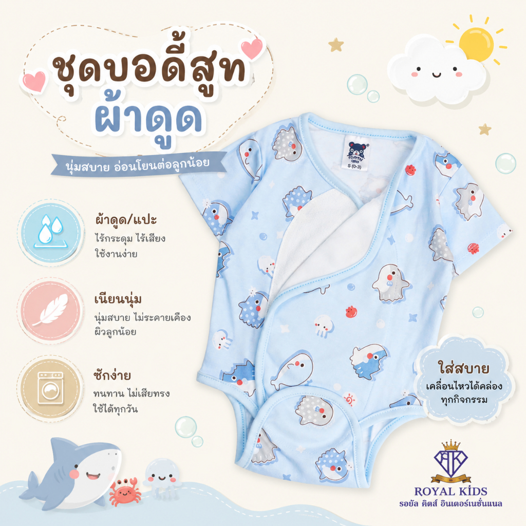 Royal kids ชุดบอดี้สูทผ้าแปะ Mami Baby ชุดบอดี้สูทผ้าดูด ผ้าคอตตอนนุ่ม ลายน่ารัก สุ่มลาย ได้1ชุด