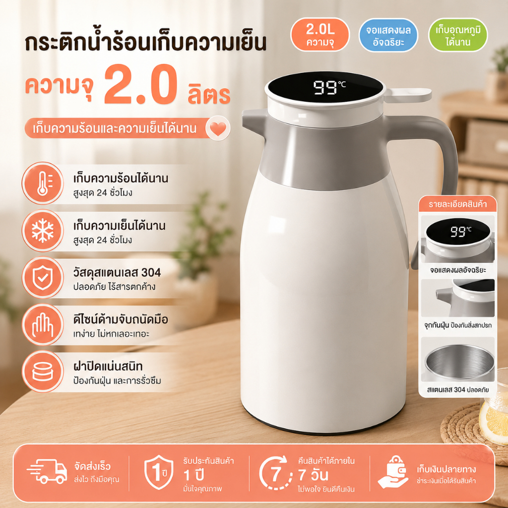 กระติกน้ำร้อนนิรภัย ขนาด 2 ลิตร ความจุใหญ่ สำหรับใช้ในบ้าน เหมาะสำหรับหอพักนักเรียน