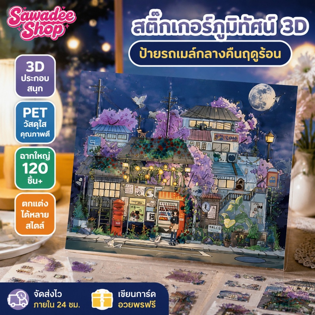 [120.0 Series] สติ๊กเกอร์ภูมิทัศน์ 3d รุ่นขนาดใหญ่สุด-ป้ายรถเมล์กลางคืนฤดูร้อน